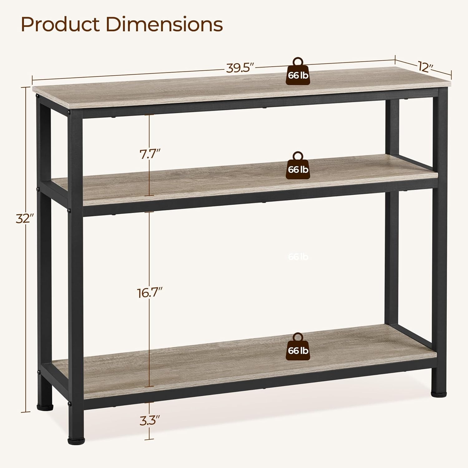 Entryway Table with Storage Shelves, 40 Inch Console Table with Metal Frame, Wood behind Couch Sofa Tables for Entryway, Living Room, Gray