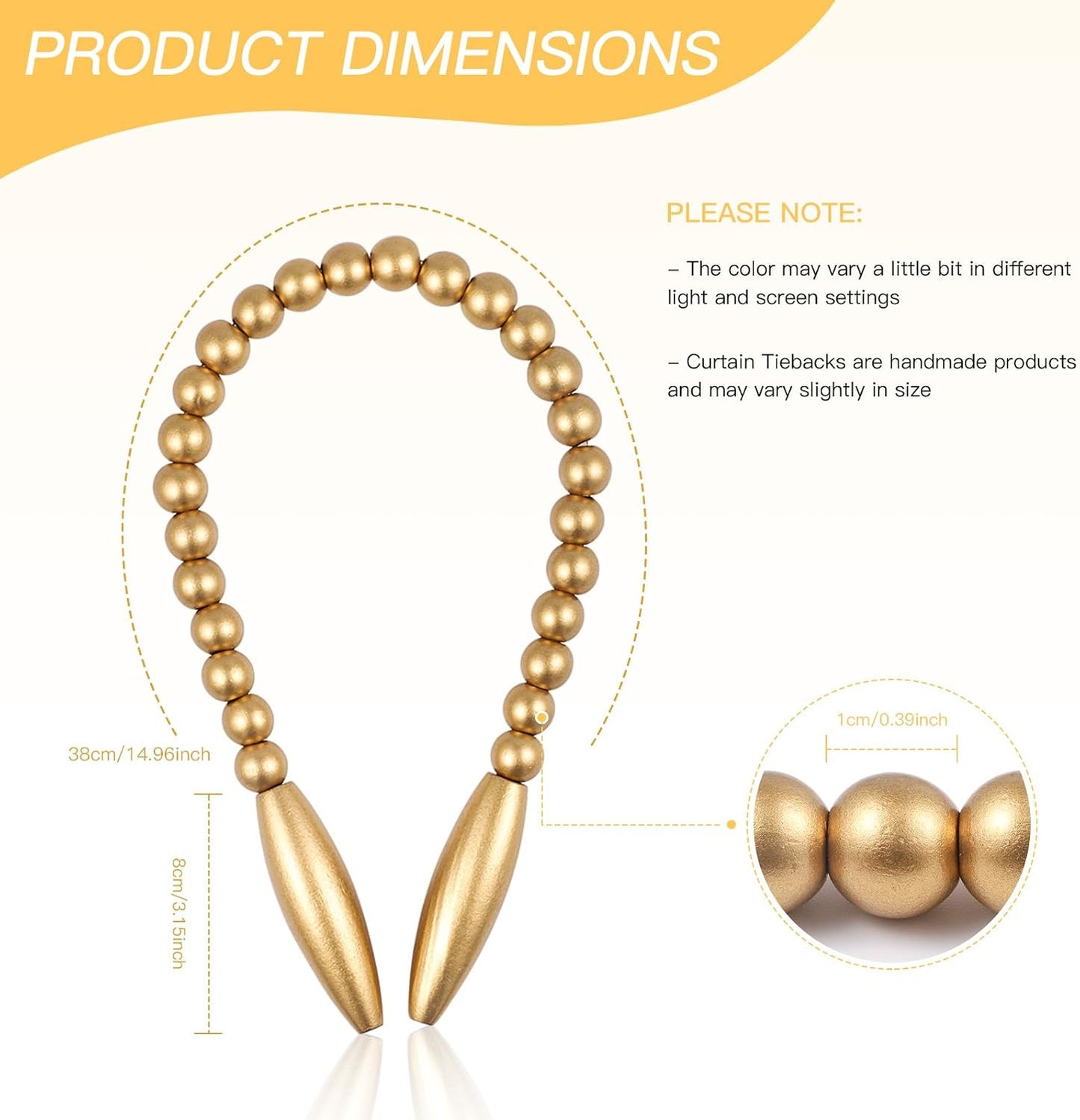Wood Bead Curtain Tiebacks 2 Pack, No Drill Curtain Holdbacks for Boho Decor, Nursery & Bedroom - Creative Clips & Hooks for Drapes, Farmhouse Window Decor with Twist Design (2, Gold)