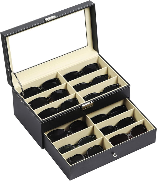 Leather 12 Piece Eyeglasses Storage and Sunglass Glasses Display Drawer Lockable Case Organizer,Black,Aw-023