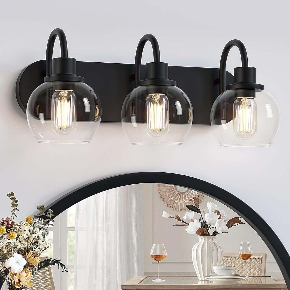 Bathroom Vanity Light,Modern 3-Light Bathroom Lighting Fixtures over Mirror with Clear Glass Shade and Metal Base,Matte Black Bathroom Lighting