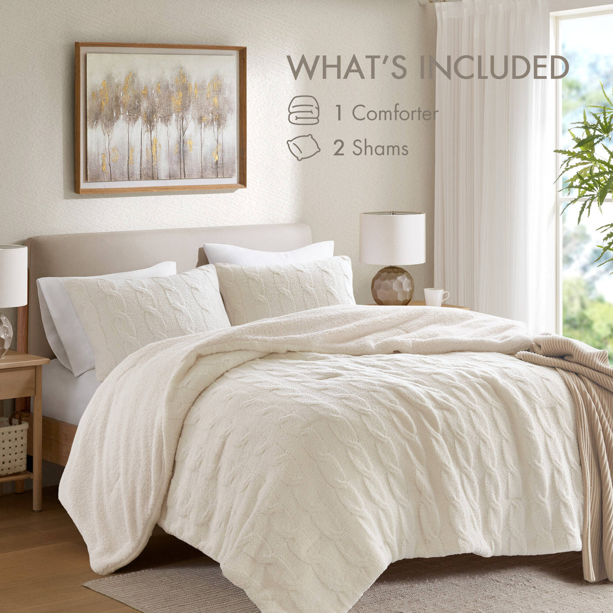 Soft Ivory Cable Knit Chenille Comforter Set-Twin
