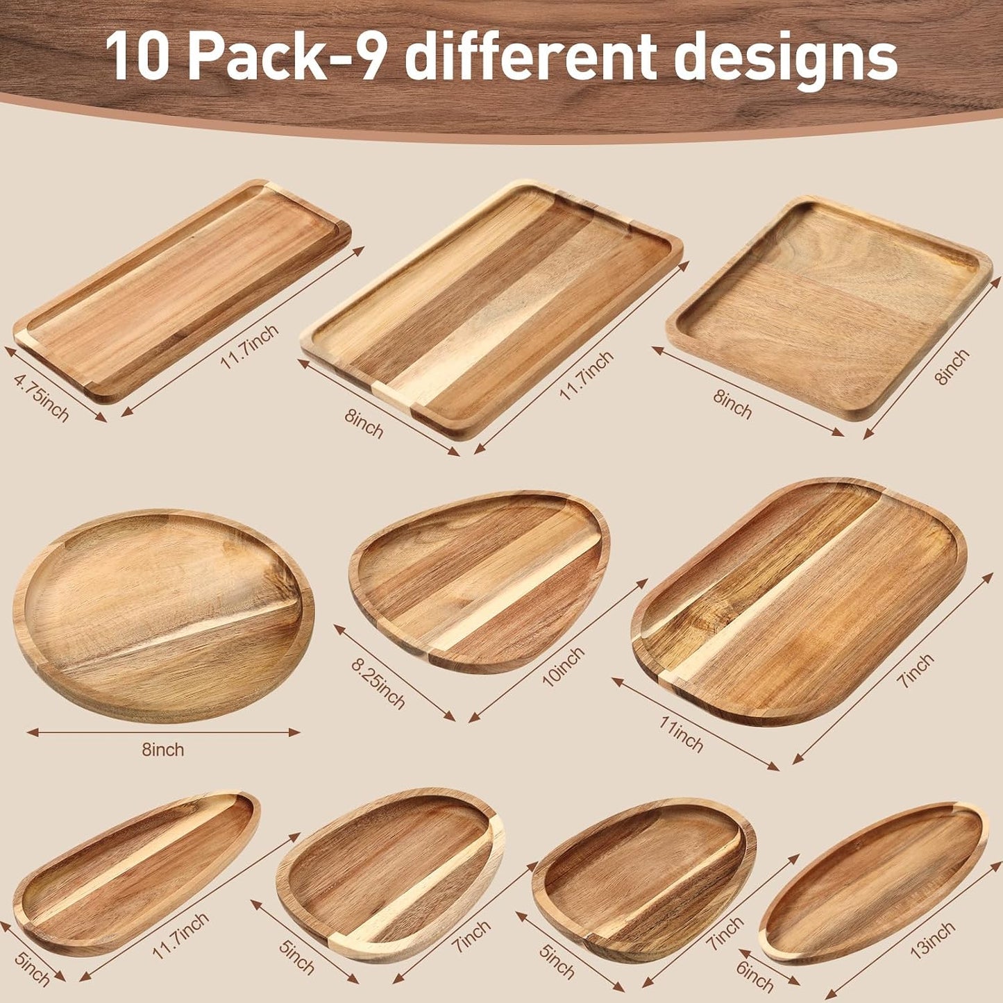 Set of 10 Acacia Wood Serving Platter and Trays Multi Shape Wood Plates Serving Tray Acacia Wooden Charcuterie Board for Cookie Dessert Coffee Wedding Housewarming Gift(Classic Style)