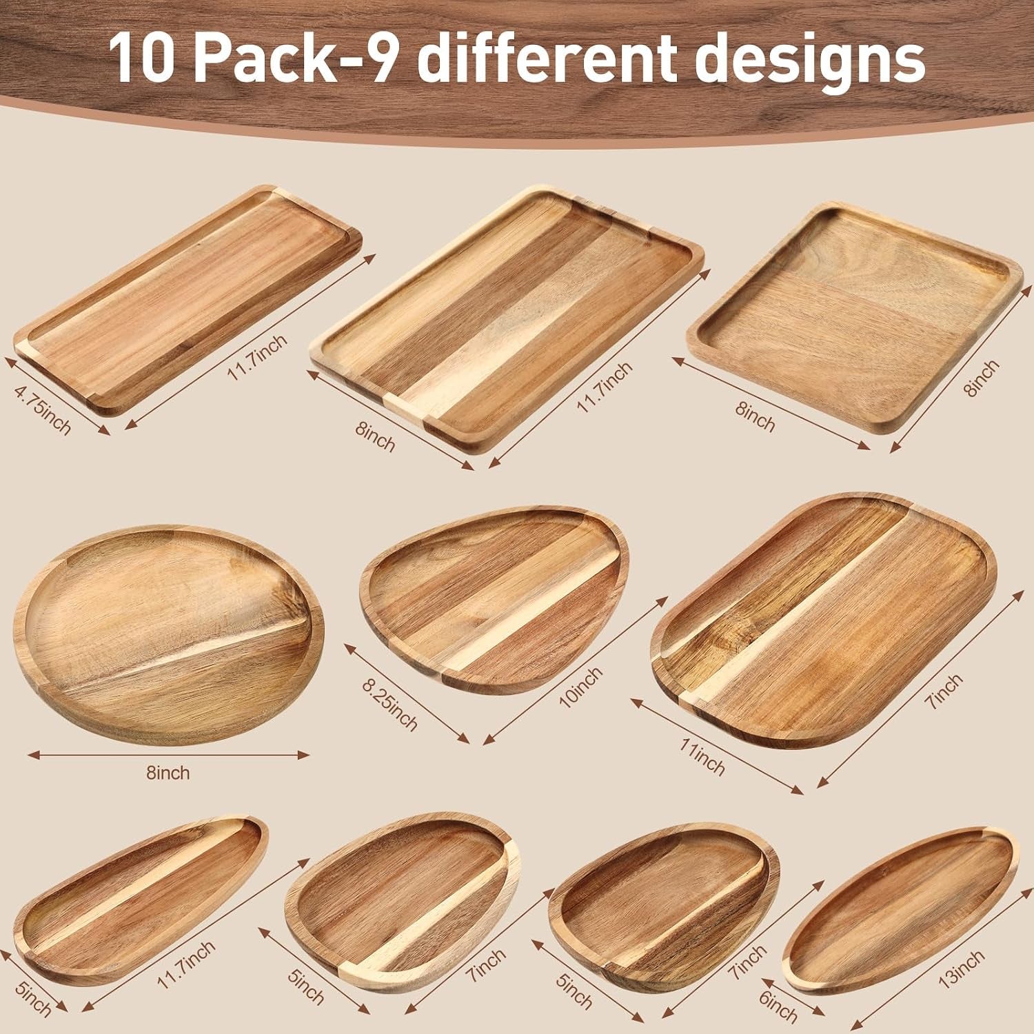 Set of 10 Acacia Wood Serving Platter and Trays Multi Shape Wood Plates Serving Tray Acacia Wooden Charcuterie Board for Cookie Dessert Coffee Wedding Housewarming Gift(Classic Style)