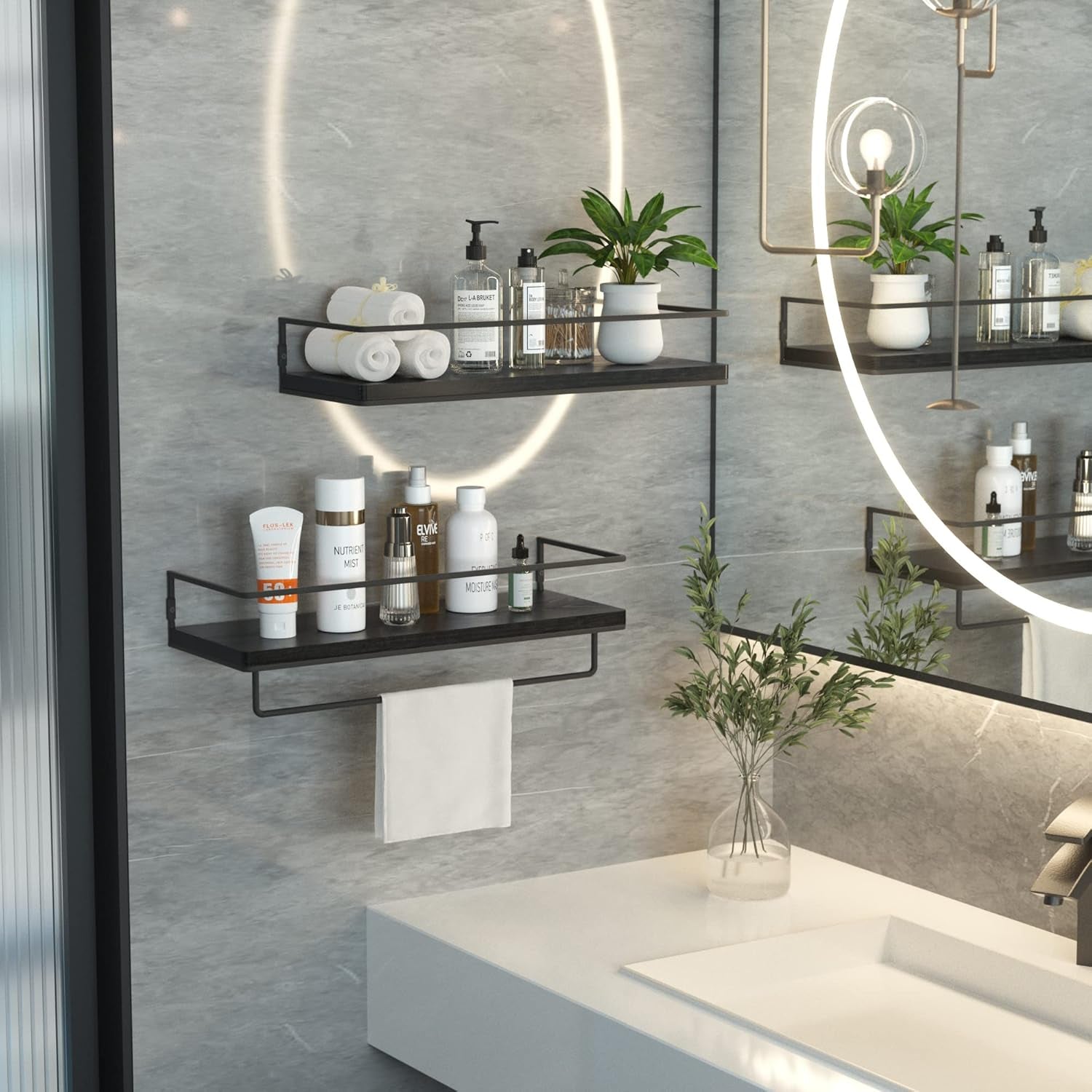 Floating Shelves for Wall Set of 2, Wall Mounted Storage Shelves with Black Metal Frame and Towel Rack for Bathroom, Bedroom, Living Room, Kitchen, Office (Black)