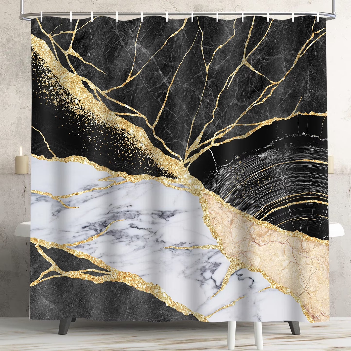 Black Gold Marble Shower Curtain Sets with Rugs, 16 Pc Modern Abstract Bathroom Sets, Waterproof Fabric Bathroom Curtain Decor with Hooks