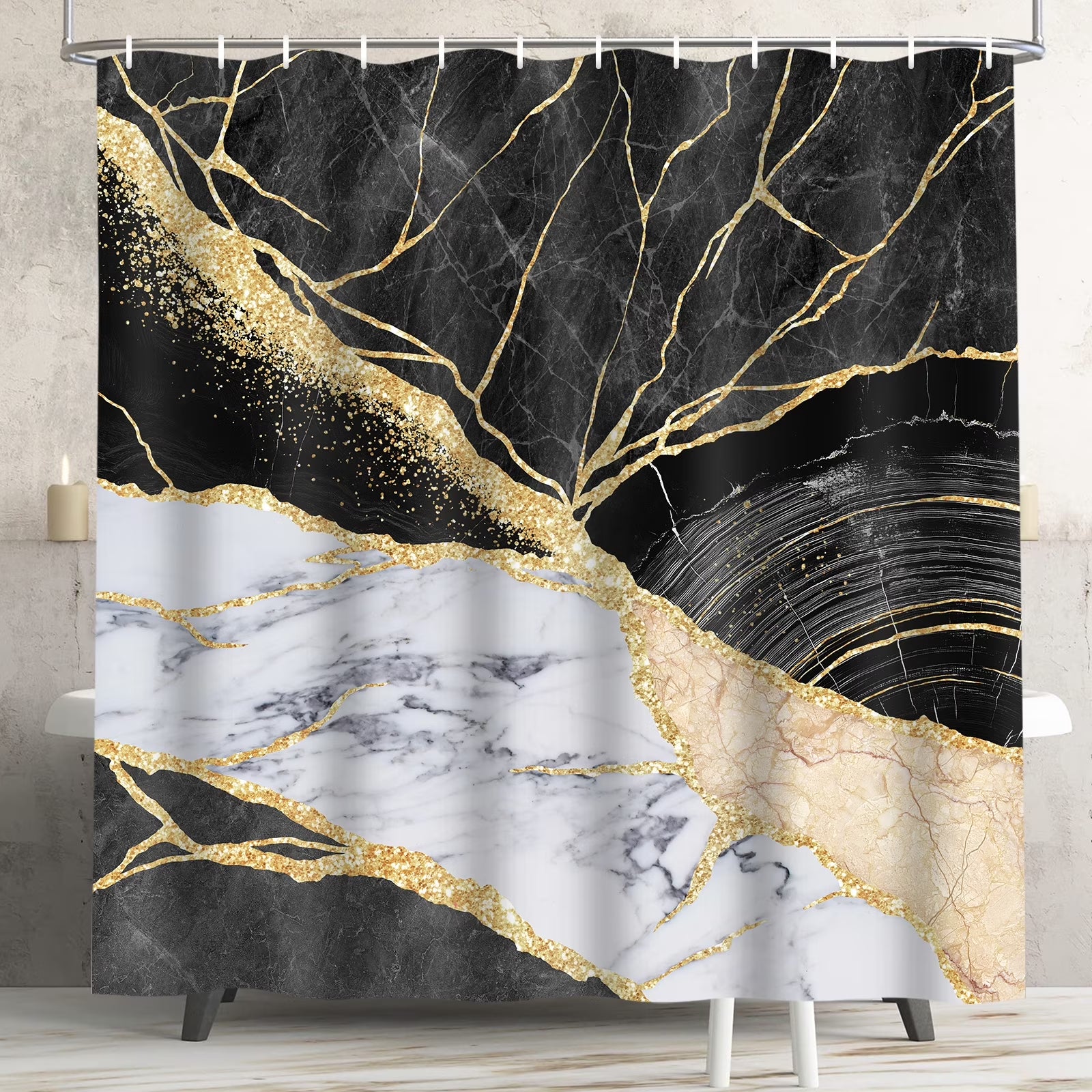 Black Gold Marble Shower Curtain Sets with Rugs, 16 Pc Modern Abstract Bathroom Sets, Waterproof Fabric Bathroom Curtain Decor with Hooks