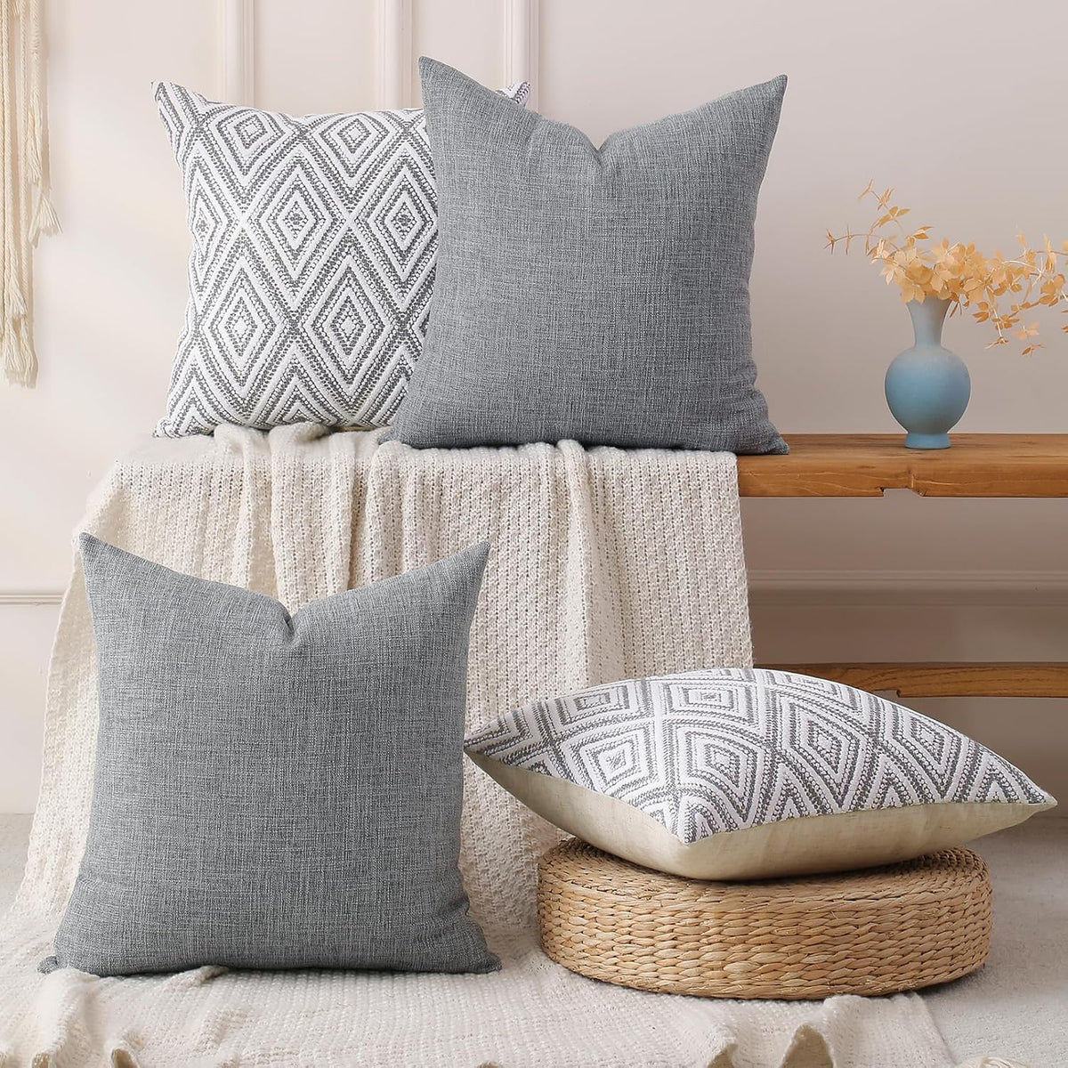 Throw Pillow Covers 18X18, Set of 4, Grey Textured Couch Pillow Covers | Polyester Fabric, Patterned and Solid Designs, Hidden Zippers, Machine Washable, for Sofas and Beds, Inserts Not Included