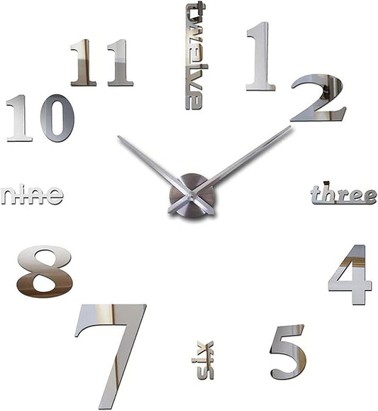 3D DIY Large Wall Clocks for Living Room Decor, Wall Clock Stickers Frameless Mirror Surface Wall Sticker Home Decor Silent Modern Wall Clocks for Bedroom Kitchen Office School Wall Decoration(Silver)