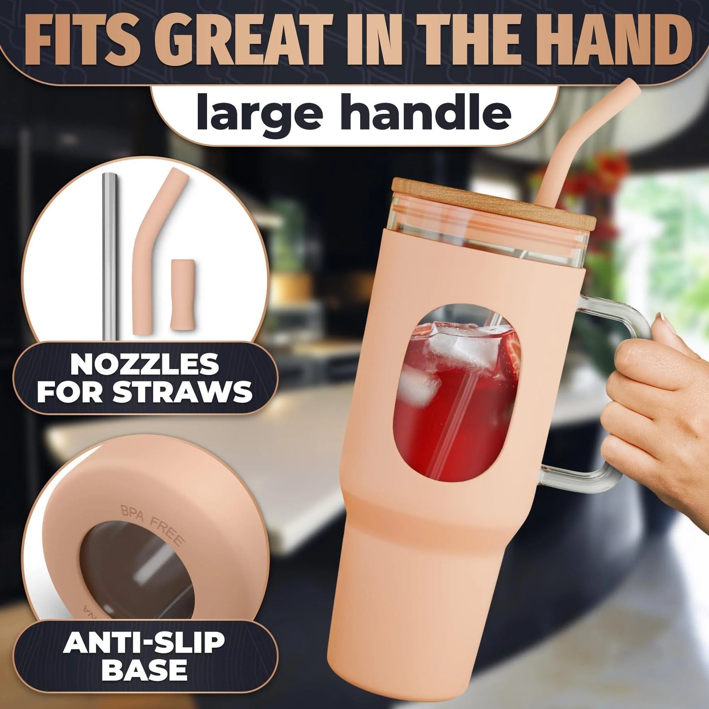 46 Oz Glass Tumbler with Straw and Lid Peach Glass Water Bottle with Natural Bamboo Lid 2 Slim and Boba Straws Silicone Sleeve Dishwasher Safe Car Holder Friendly Ergonomic Grip Easy Visibility