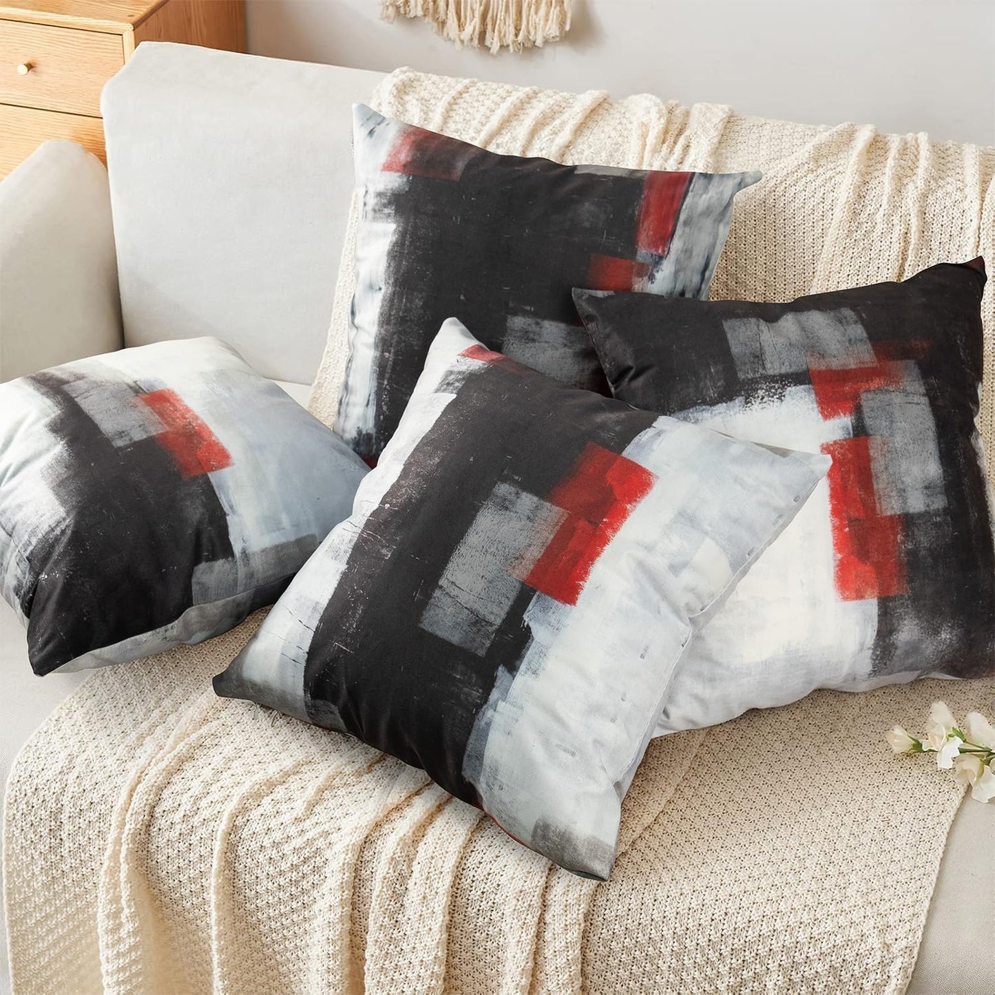 Red and Black Throw Pillow Covers 18X18 Set of 4 Decorative Cushion Cover Grey Abstract Art Painting Pillowcase for Sofa Bedroom Living Room Décor
