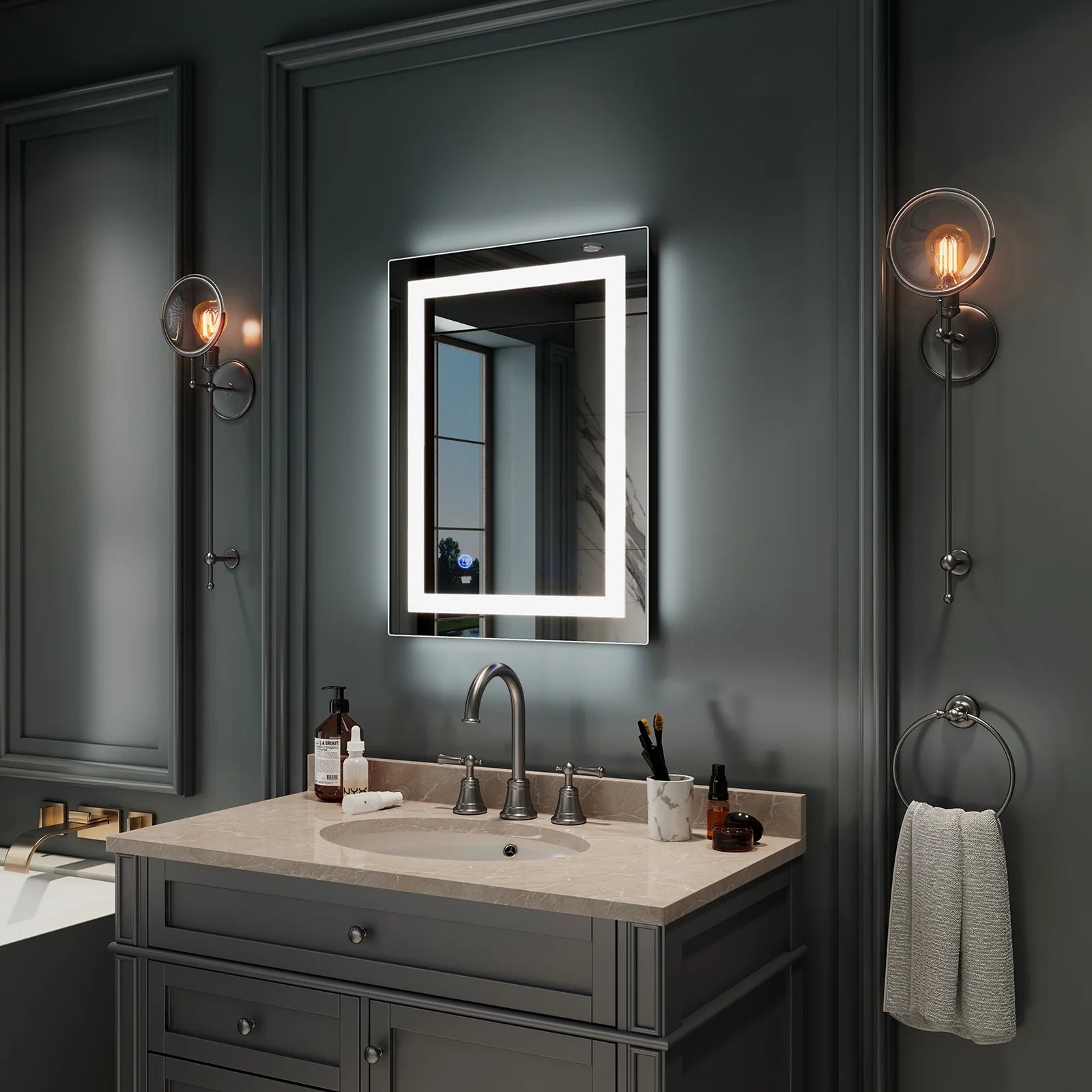 28X20 Inch LED Lighted Bathroom Mirror Silvered Wall Mounted Mirror with Touch Button,Anti Fog and IP67 Waterproof Square Mirror