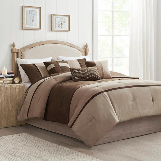 Palisades Comforter Set Modern Faux Suede Pieced Stripe Design, All Season down Alternative Cozy Bedding with Matching Shams, Decorative Pillows, King(104"X92"), Brown 7 Piece