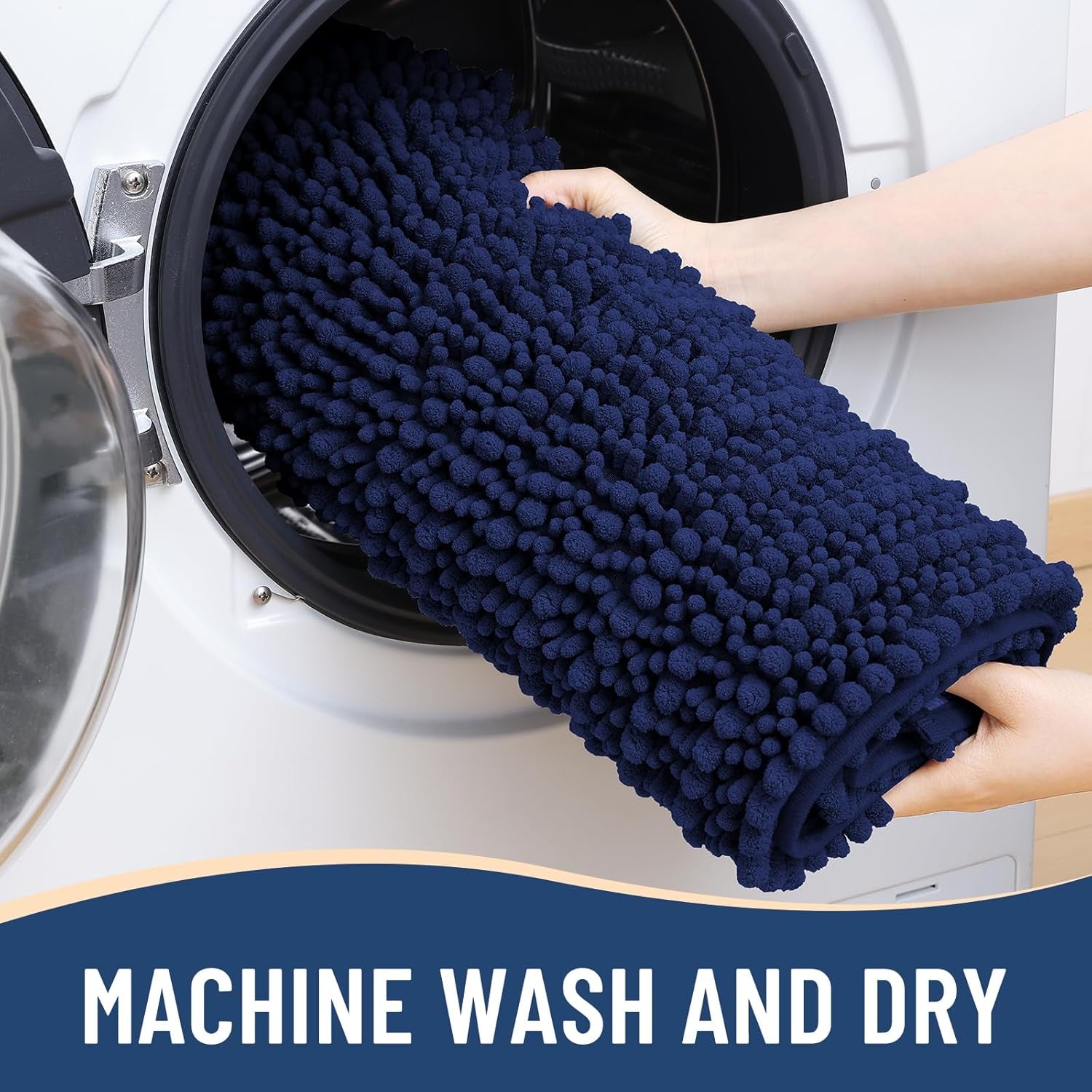 Luxury Chenille Bathroom Rug Mat, Extra Soft Thick Absorbent Shaggy Bath Rugs, Non-Slip Machine Wash Dry, Plush Bath Mats for Bathroom, Shower and Tub, 24X16, Navy