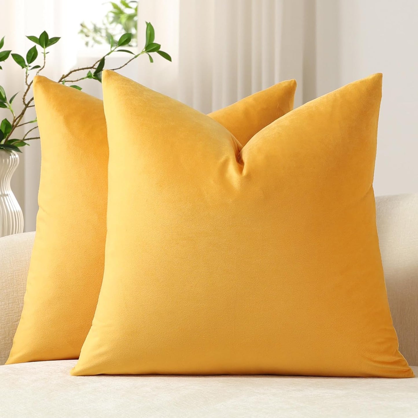 Throw Pillow Covers 18X18 Gold Yellow: Pack of 2 Cozy Soft Velvet Square Modern Luxury Decorative Throw Pillow Cases for Sofa Couch Living Room Bed Home Decor