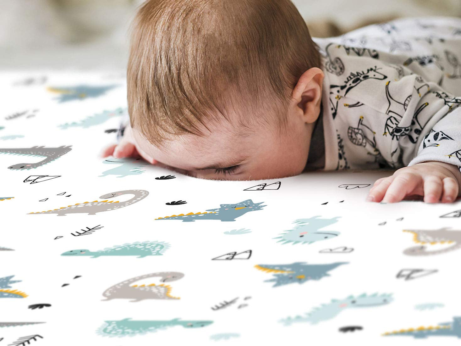 Stretchy Ultra Soft Jersey Knit Fitted Pack N Play Sheets Set 2 Pack, Portable/Mini Crib Sheets for Boys, Universal Fit for Pack N Plays Safe and Snug, Happy Dinosaurs for Baby