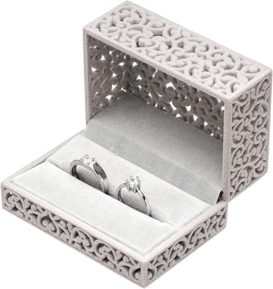 Hollow Velvet Ring Box Velvet Jewelry Box for Rings Couple Double Ring Bearer Box Engagement Gift (Gray)