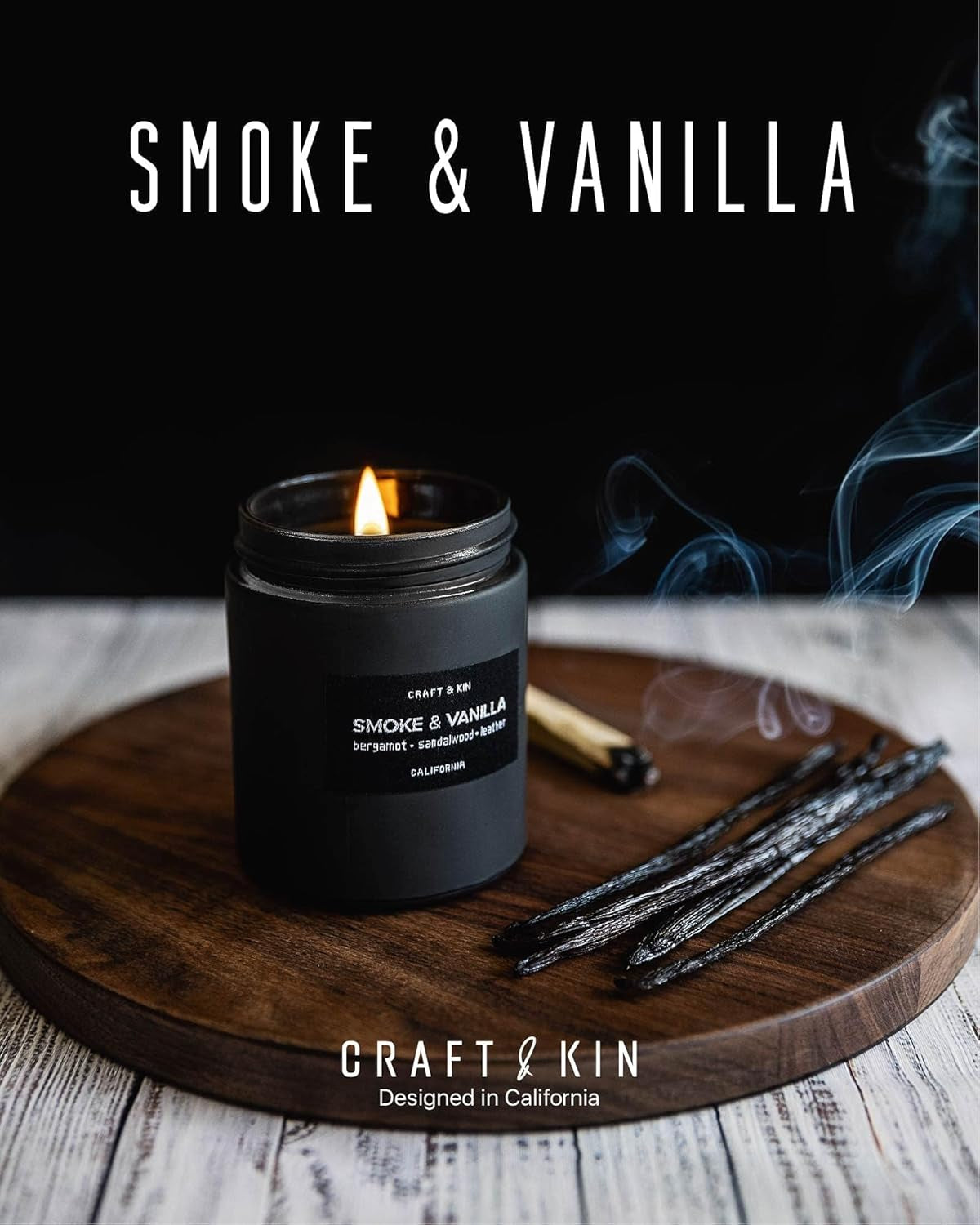 Premium Smoke & Vanilla Candle | Black Scented Candles for Men | Long Lasting with 45 Hour Burn Time, 7.6Oz | Made with Soy | Aromatherapy at Home | Gifts for Men