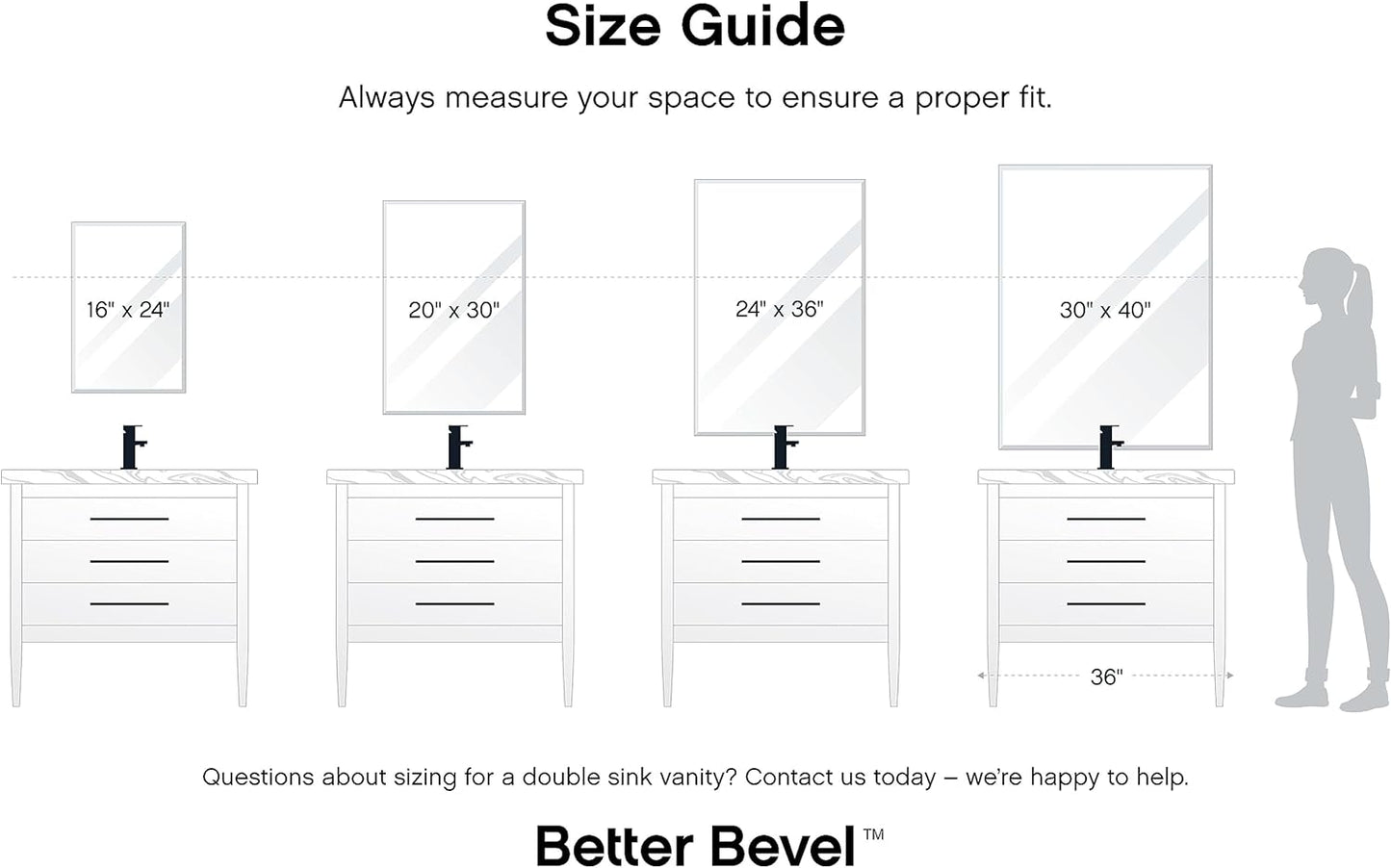 Frameless Rectangle Mirror | 24" X 36" Bathroom Wall Mirror W/Beveled Edge | Ultra-Flush Hanging System (Horizontal or Vertical)