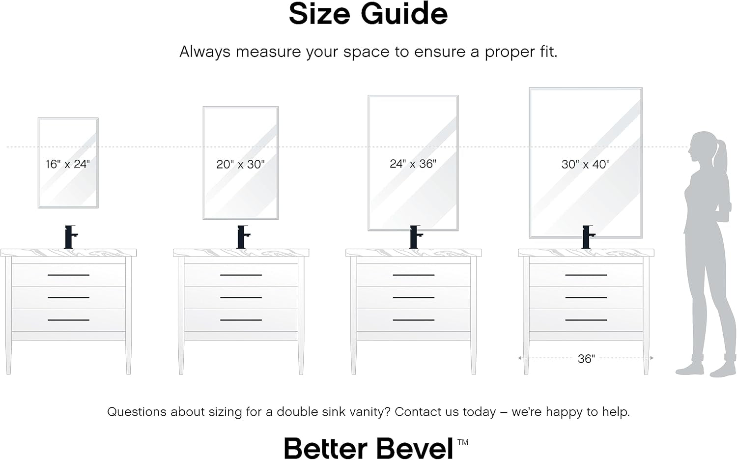 Frameless Rectangle Mirror | 24" X 36" Bathroom Wall Mirror W/Beveled Edge | Ultra-Flush Hanging System (Horizontal or Vertical)