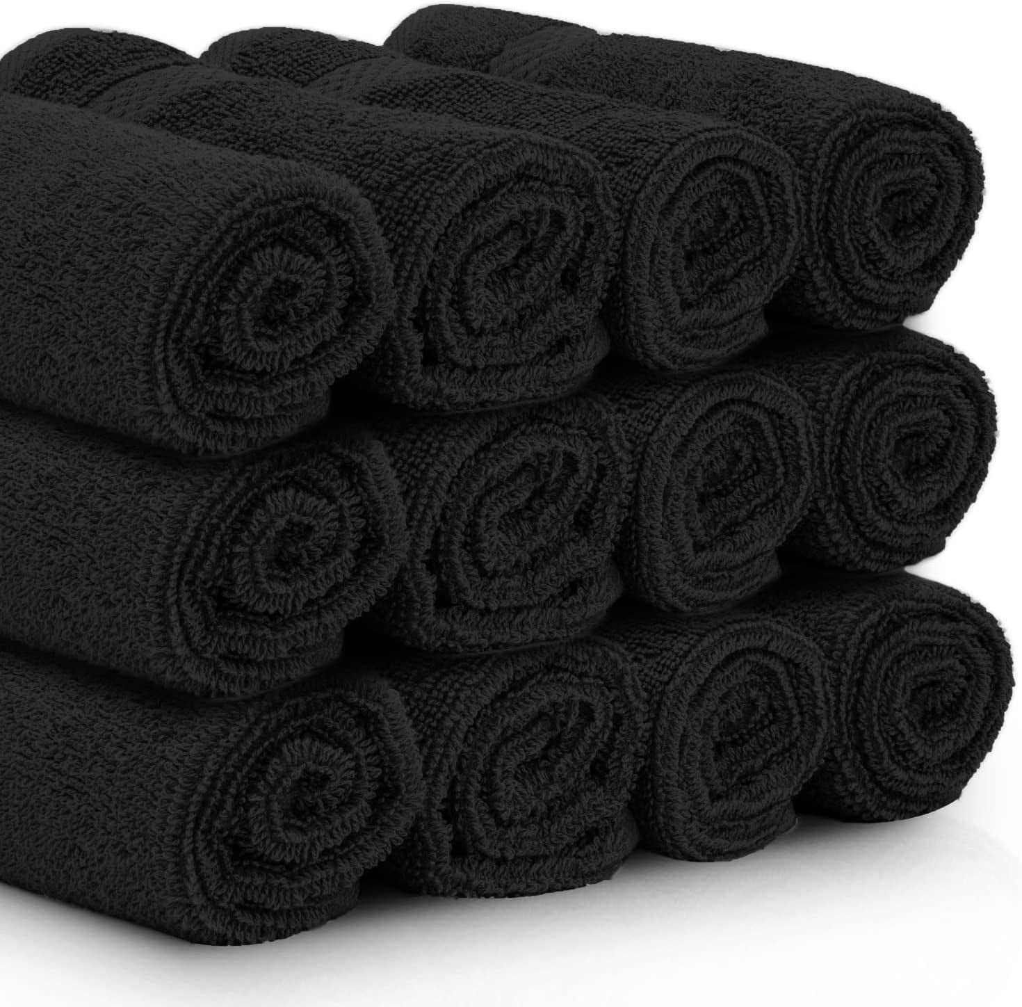 Luxury Cotton Washcloths 13X13 Inch - 650 GSM Turkish Cotton | Hotel, Spa, Bathroom Face Towel | 12 Pack, Black