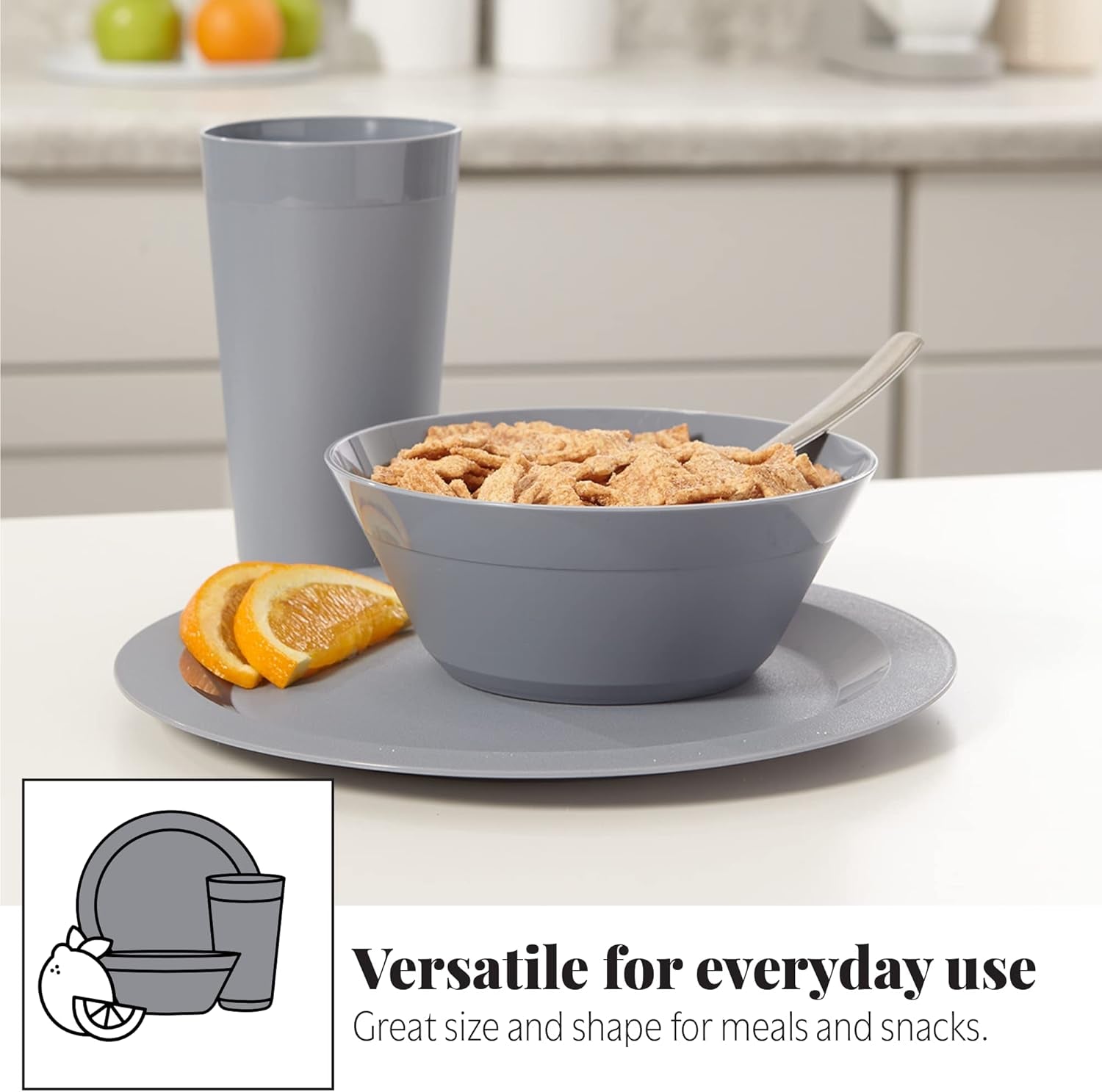Newport Plastic Plate, Bowl and Tumbler Dinnerware Set for 4 in Grey Stone | 12-Piece Drinking and Dining Set | Reusable, Bpa-Free, Made in the USA, Top-Rack Dishwasher Safe
