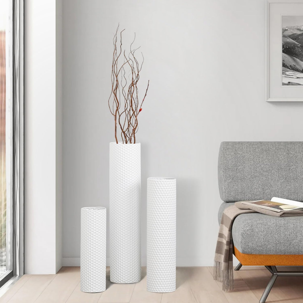 White Tall Floor Vase Set of 3, Metal Cylinder Vases for Corner, 27.6In