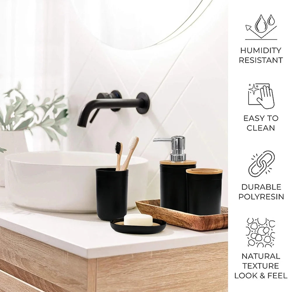 Bathroom Soap Toothbrush Holder Dish Set, Elegant 6-Piece Bamboo & Plastic Accessories, Black