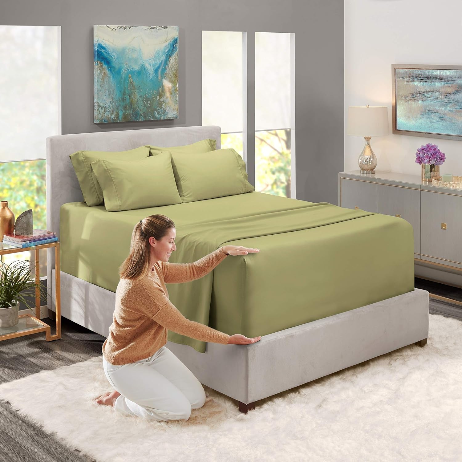 Luxury Soft 6 Piece Bed Sheet Set Extra Deep Pocket Fitted Sheets Fits Mattress up to 21", Double Brushed Bedding, Queen, Sage