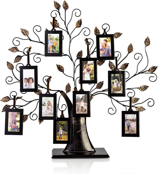 Family Tree Picture Frame Display with 10 Hanging Picture Photo Frames | Large 20 X 18 Metal Tree | 10 Ornamental 2X3 Frames