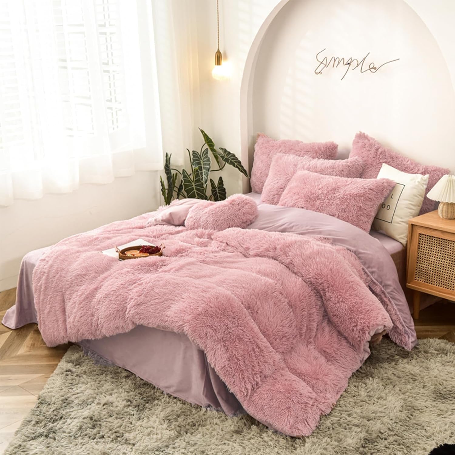 5 PCS Shaggy Duvet Cover Bedding Set - Fluffy Comforter Cover Long Faux Fur Luxury Ultra Soft Cozy (Blush, King/California King)