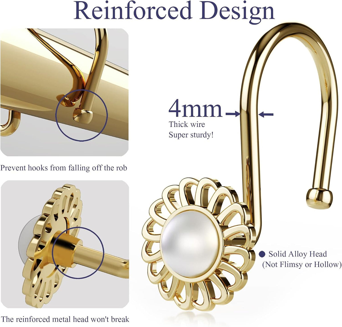 Gold Shower Curtain Hooks Rings, Decorative Shower Curtain Hangers, Heavy Duty Metal Shower Rings, Sunflower Shower Hooks for Shower Curtain Rod and Liner, Bathroom Curtain Hooks, Luxury Gold,