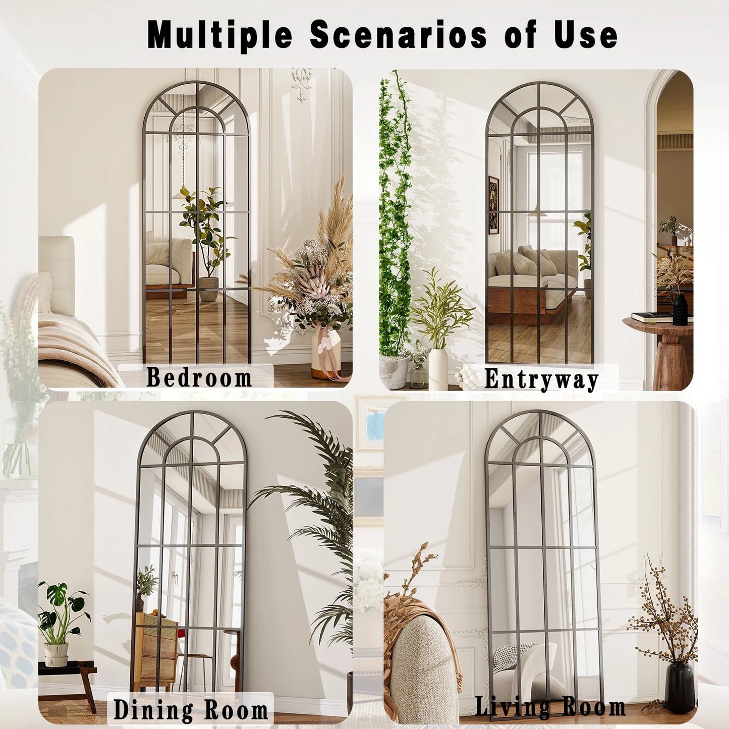 69"X 25" Arched Full-Length Windowpane Mirror Wall-Decor Mirror,Black