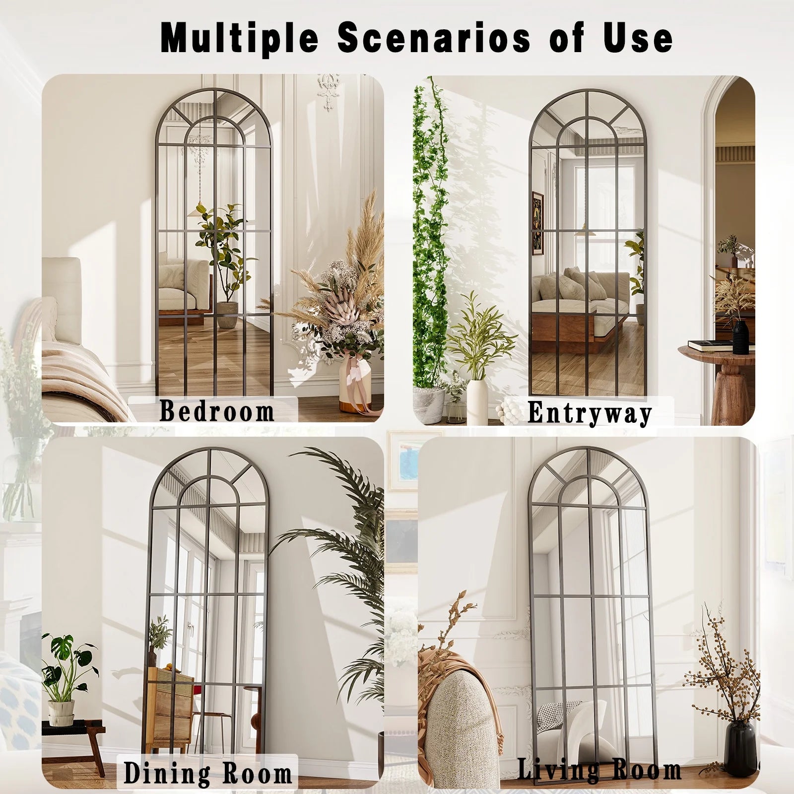 69"X 25" Arched Full-Length Windowpane Mirror Wall-Decor Mirror,Black