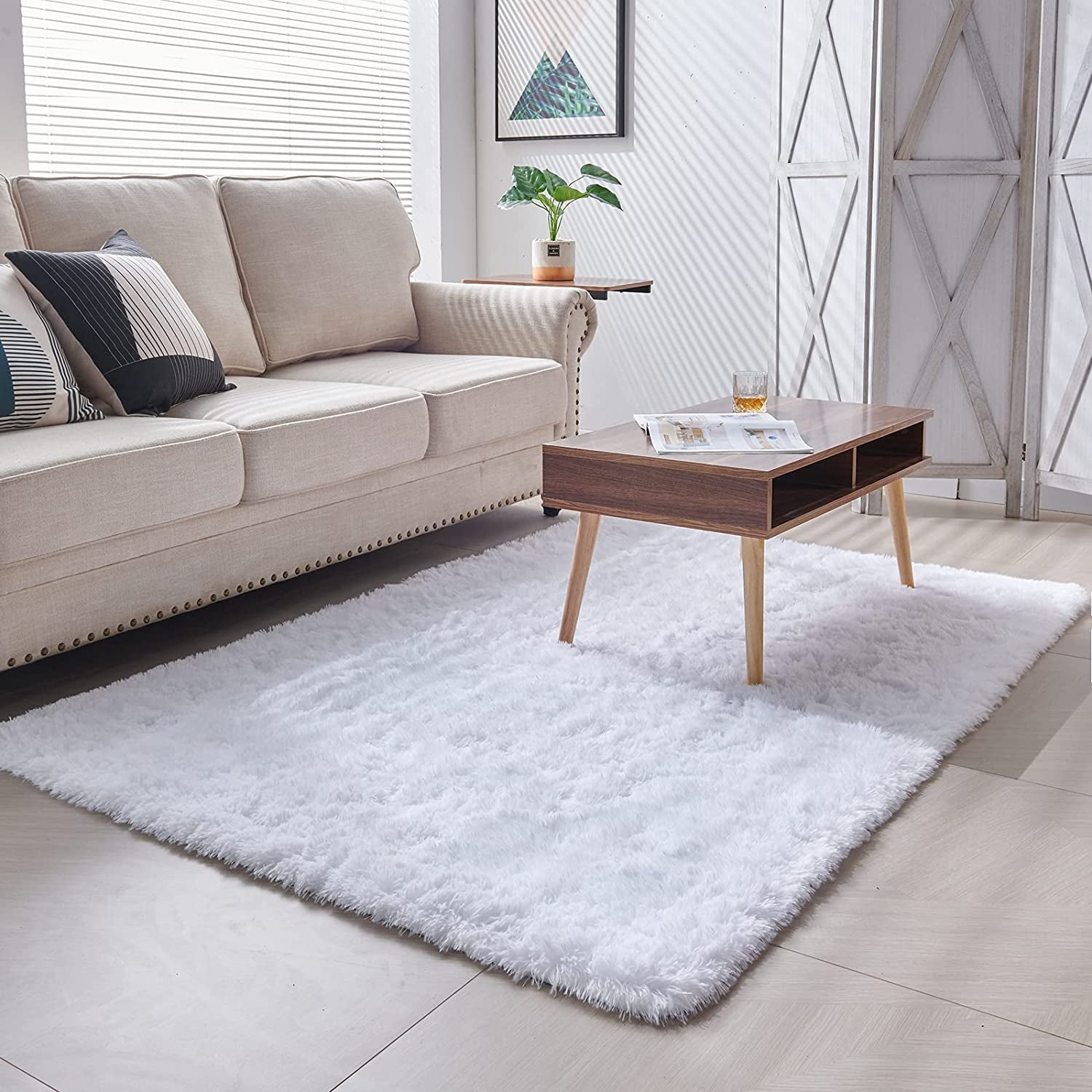 Stylish Soft Shaggy Velvet Carpet for Living Room/Bedroom, Fluffy Area Rugs, 4' X 5.9' , White