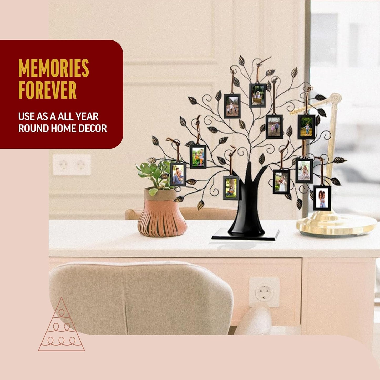 Family Tree Picture Frame Display with 10 Hanging Picture Photo Frames | Large 20 X 18 Metal Tree | 10 Ornamental 2X3 Frames