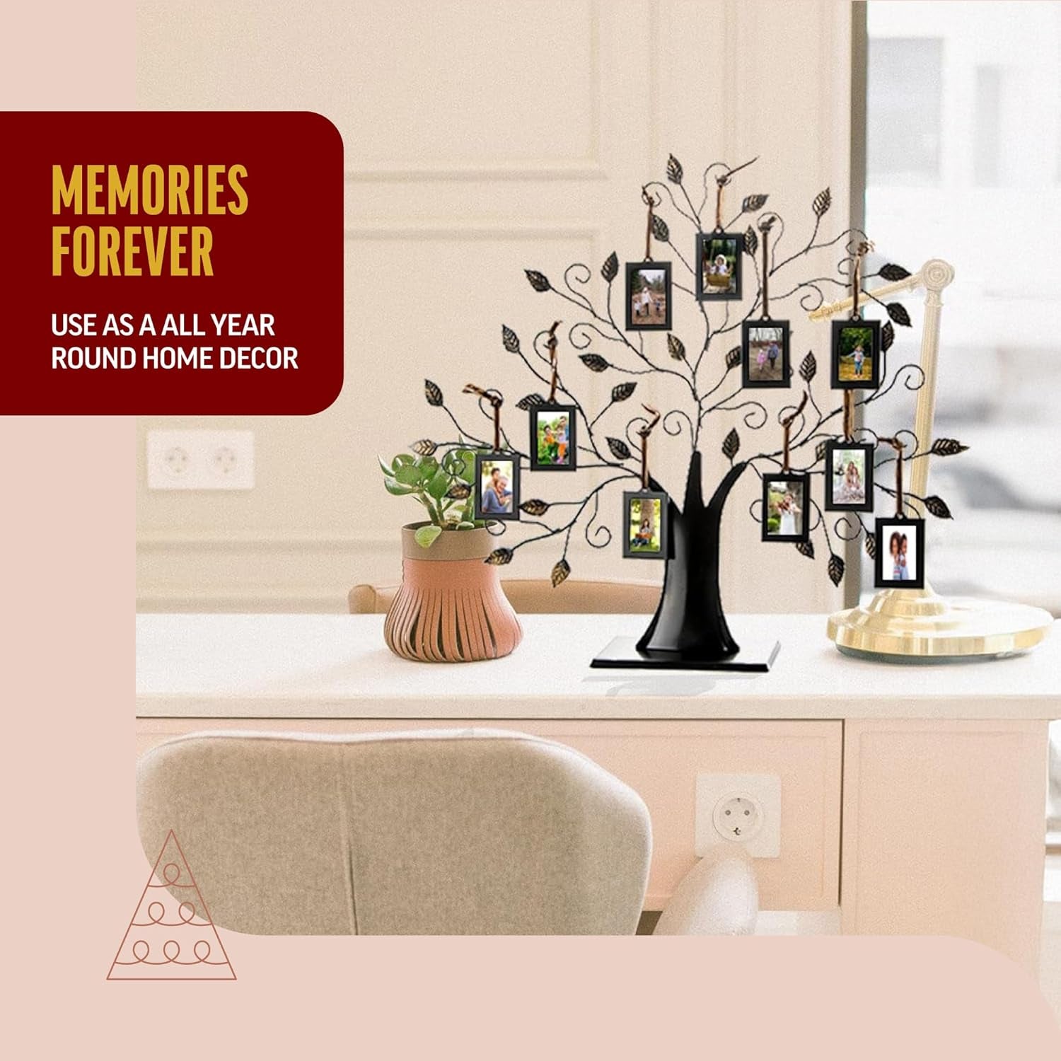 Family Tree Picture Frame Display with 10 Hanging Picture Photo Frames | Large 20 X 18 Metal Tree | 10 Ornamental 2X3 Frames