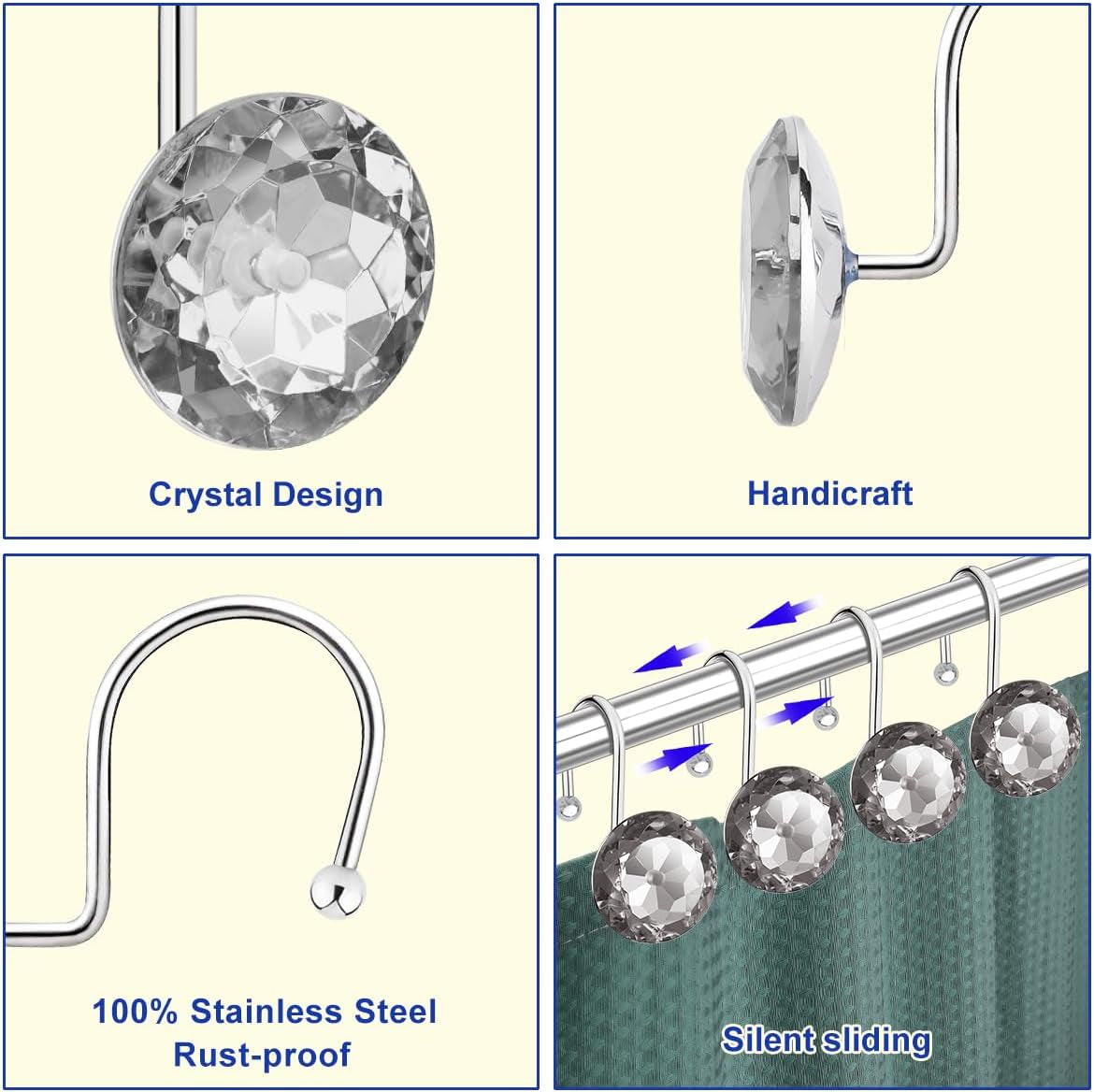 12PCS Shower Curtain Hooks Rings for Bathroom, Stainless Steel Rust Resistant Decorative Rhinestones Shower Curtain Rings Hangers for Shower Curtains, Clothing, Towels, Etc. (Grey)
