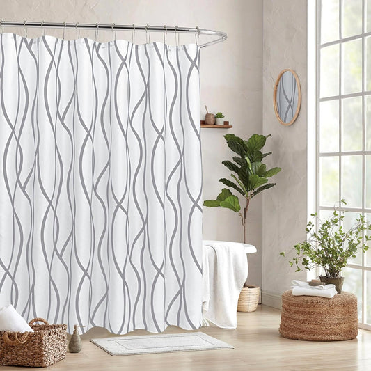 Textured Fabric Shower Curtain 72 Inches by 72 Inches, Silver Grey Striped Printed Linen Modern Hotel Luxury Quality Cloth Bathroom Curtains Machine Washable