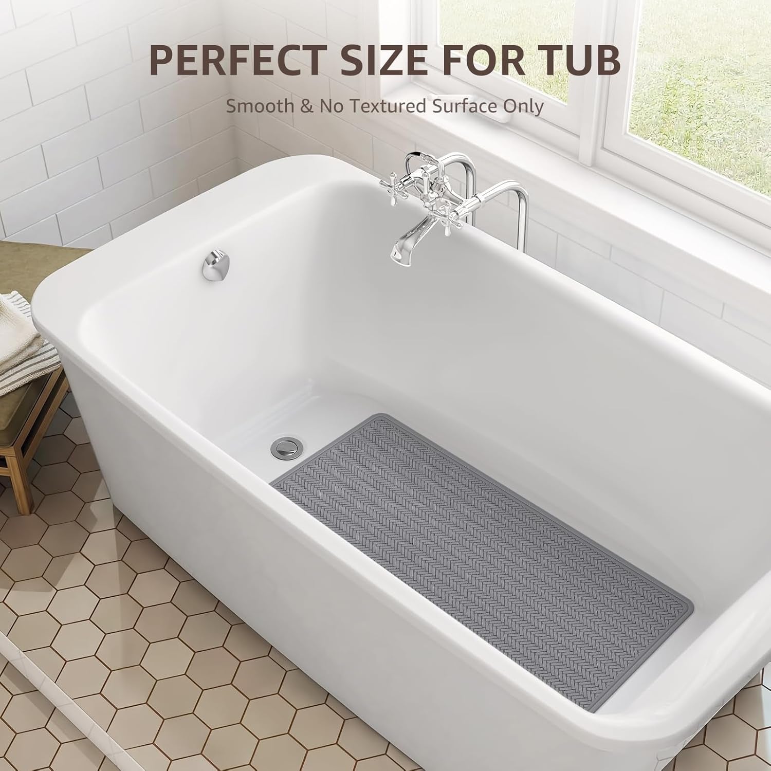 Bathtub Mat Non Slip, Extra Long Rubber Bath Mat for Tub, Machine Washable Shower anti Slip Mat with 332 Strong Suction Cups (Grey, 36" X 17")