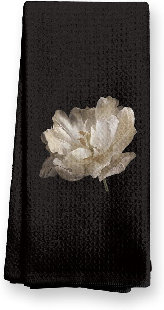 Black and White Hand Towels, Dark Moody Peony Floral Kitchen Towels, Black and White Dish Towels,Modern Peony Flower Hand Towels for Bathroom Decor, 16X24 Inch