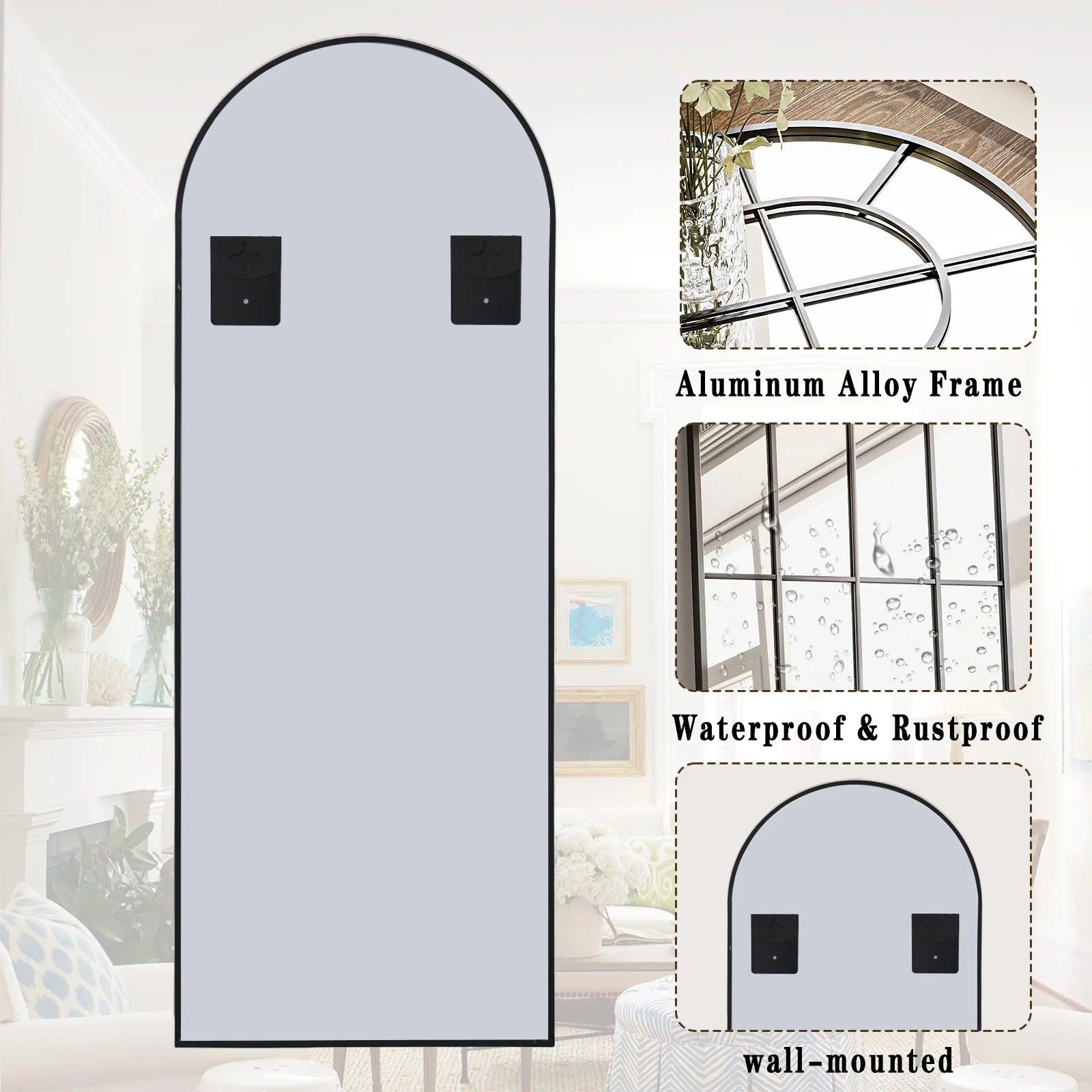 69"X 25" Arched Full-Length Windowpane Mirror Wall-Decor Mirror,Black