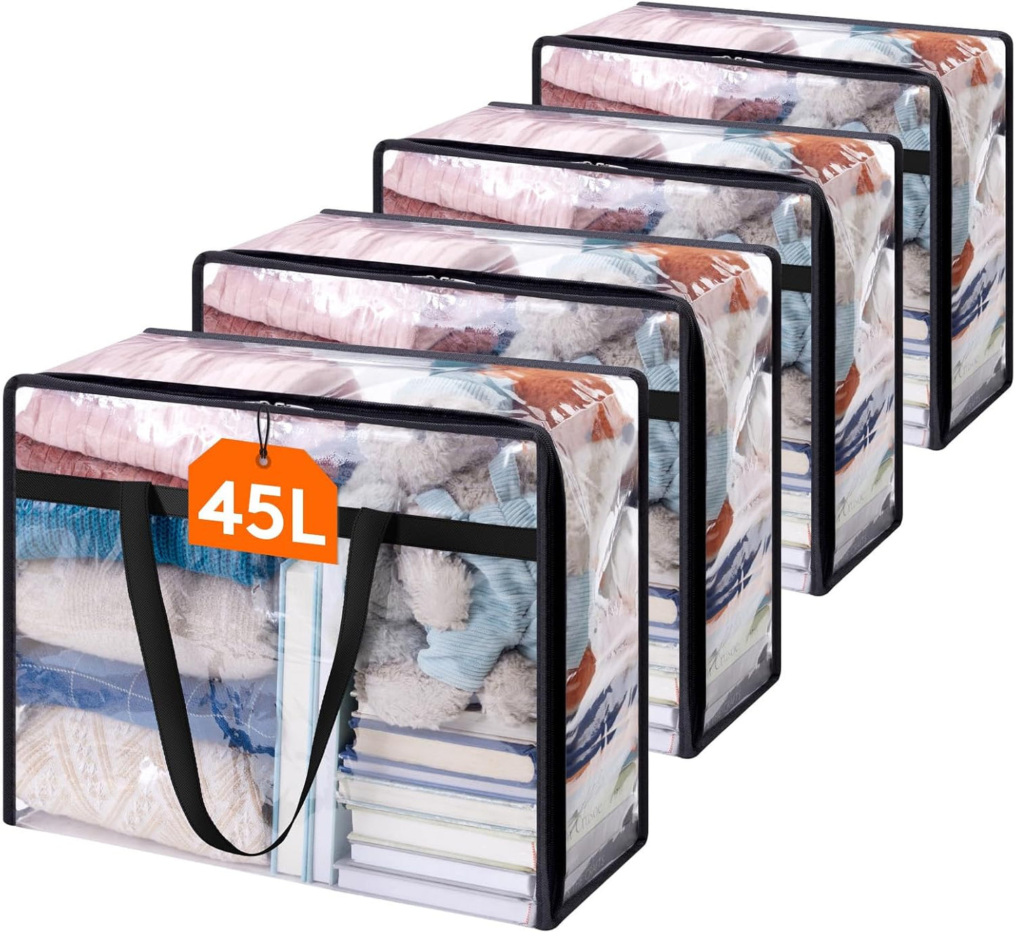 4 Pack Clear Clothes Storage Bags, 45L Plastic Blanket Storage Bag, Vinyl Foldable Moving Bags with Zipper, Closet Organizers and Storage Containers for Bedding, Duvet, Comforter
