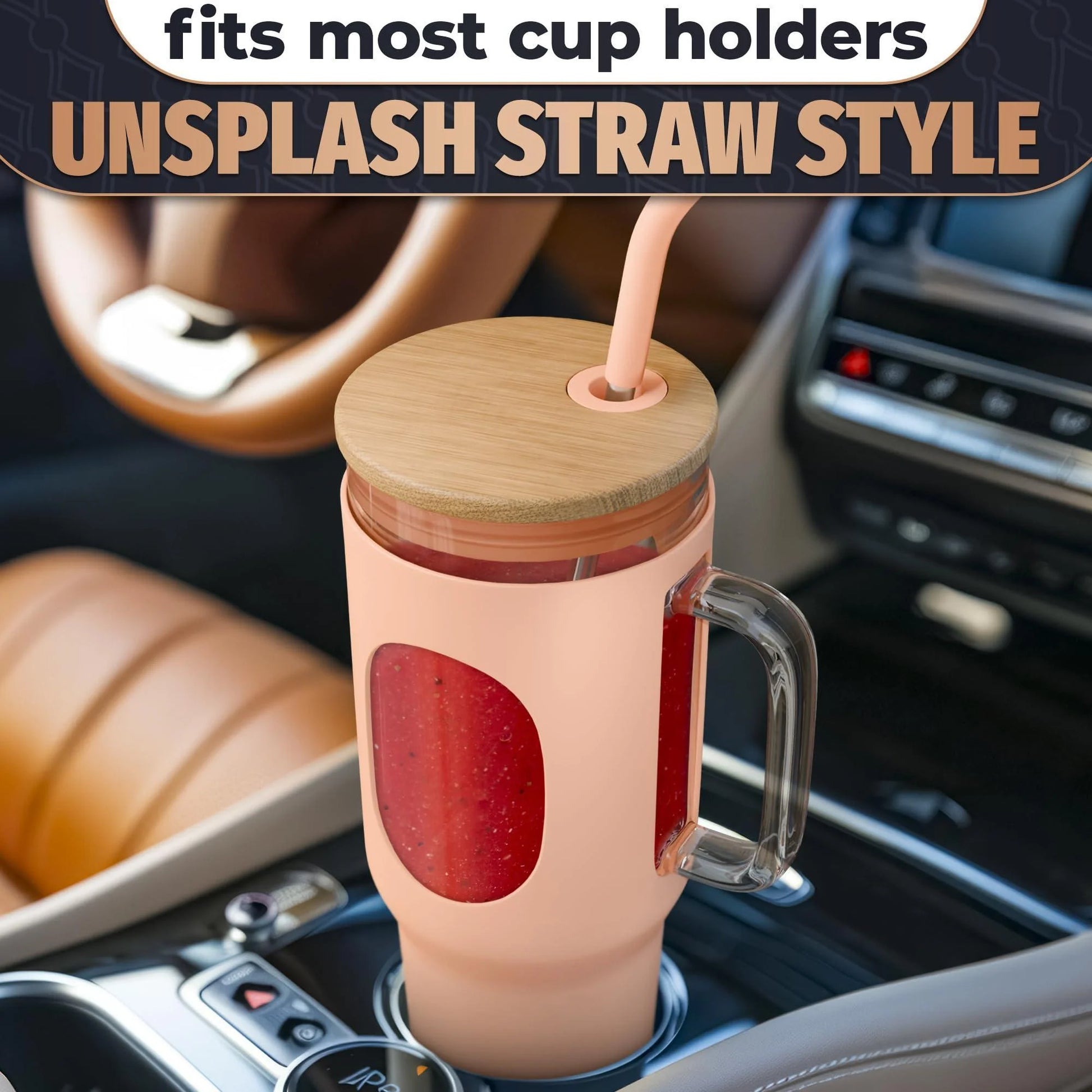 46 Oz Glass Tumbler with Straw and Lid Peach Glass Water Bottle with Natural Bamboo Lid 2 Slim and Boba Straws Silicone Sleeve Dishwasher Safe Car Holder Friendly Ergonomic Grip Easy Visibility