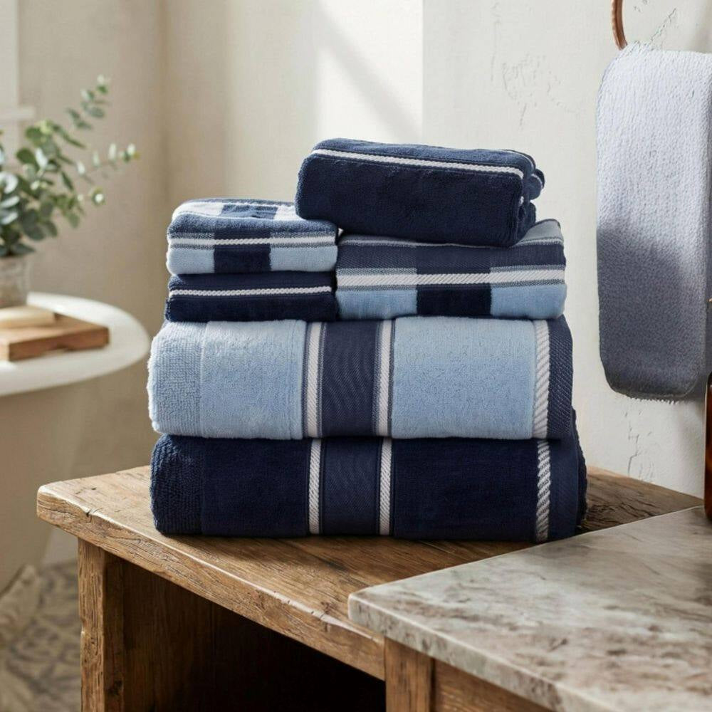 6-Piece Navy Striped 100% Cotton Bath Towel Set