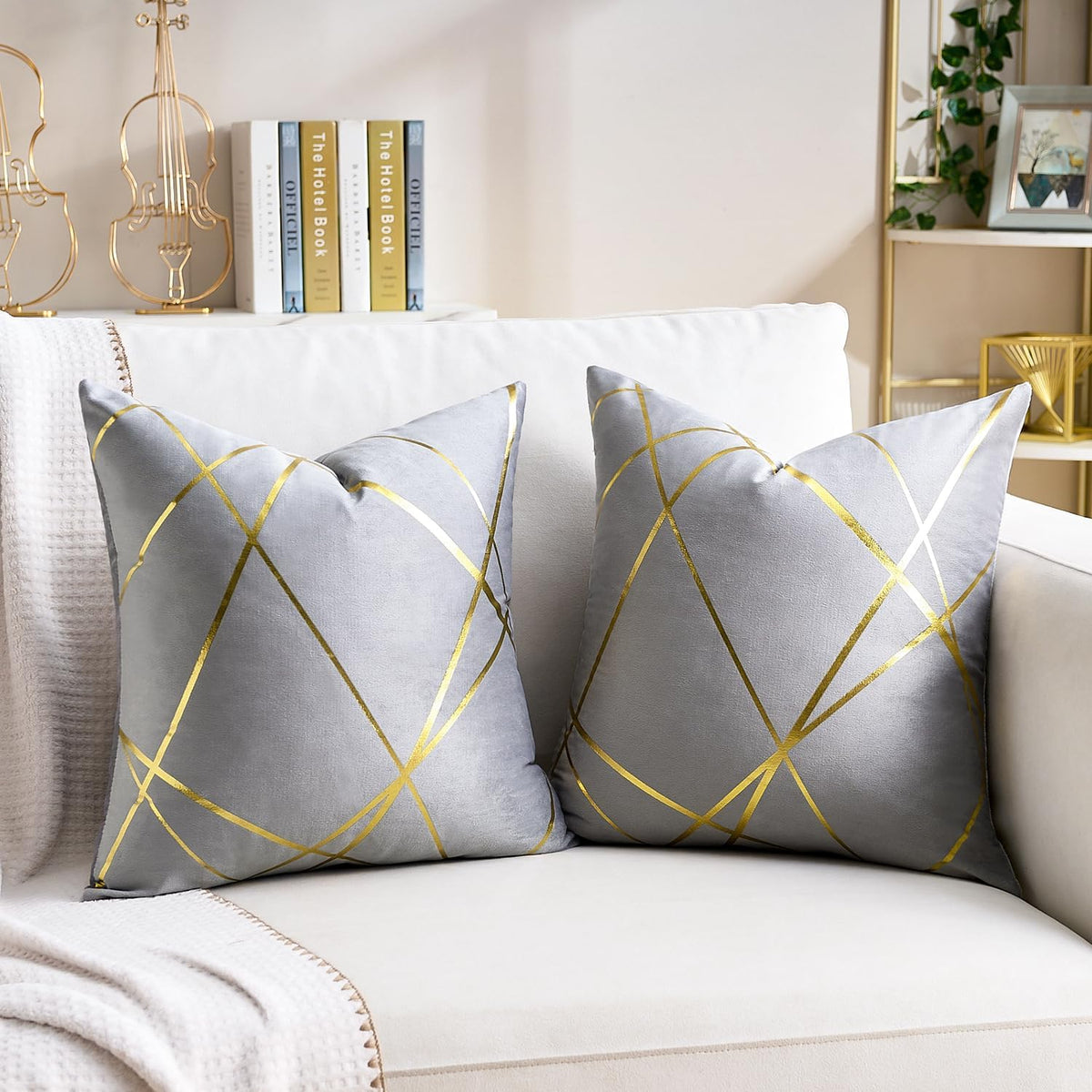 Grey Velvet Decorative Throw Pillow Covers 18X18 Modern Luxury Gold Bronzing Printed Super Soft Decorative Square Cushion Covers for Modern Homes Couch Sofa Bedroom Living Room
