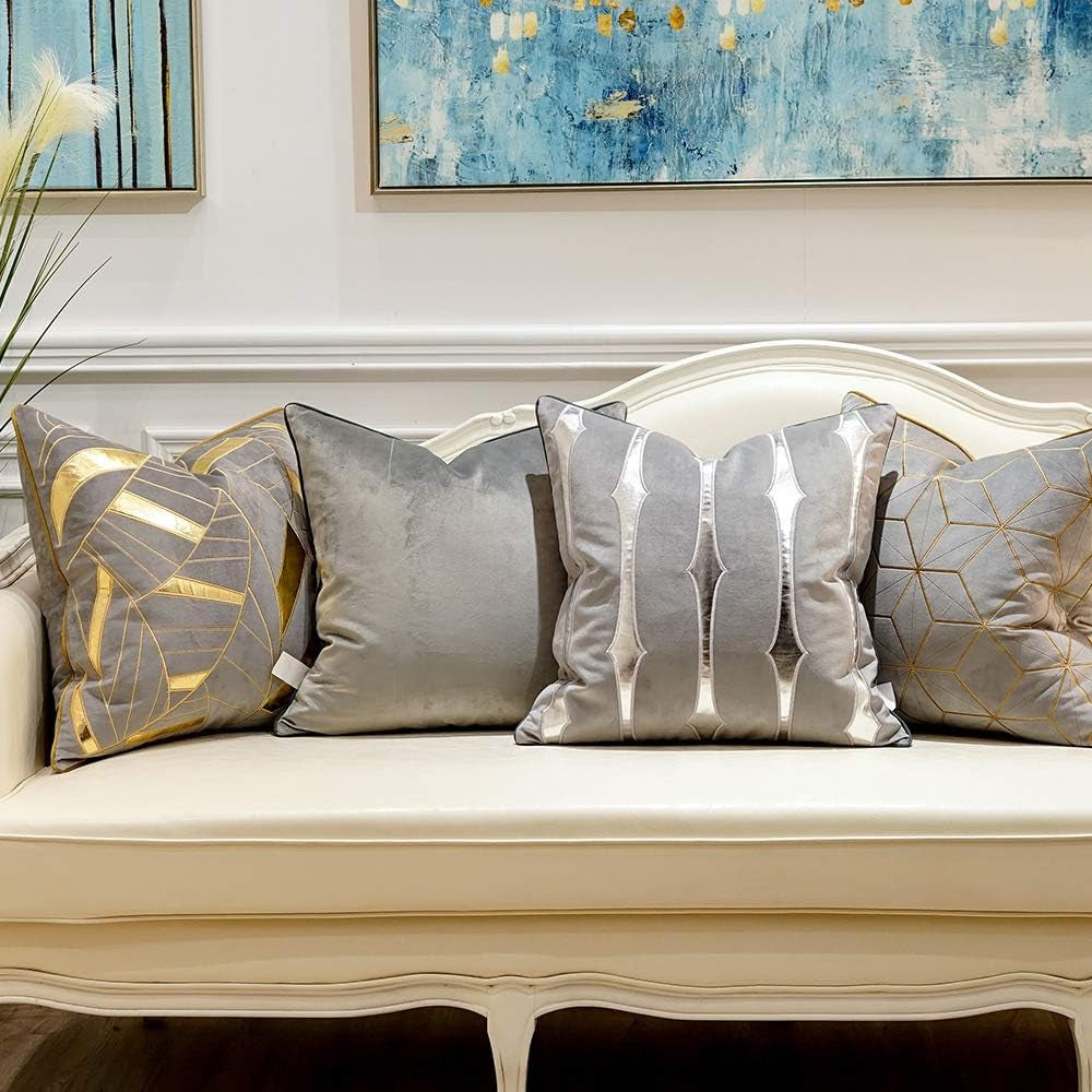 20 X 20 Inches Grey Gold Plaid Cushion Case Luxury European Throw Pillow Cover Decorative Pillow for Couch Living Room Bedroom Car