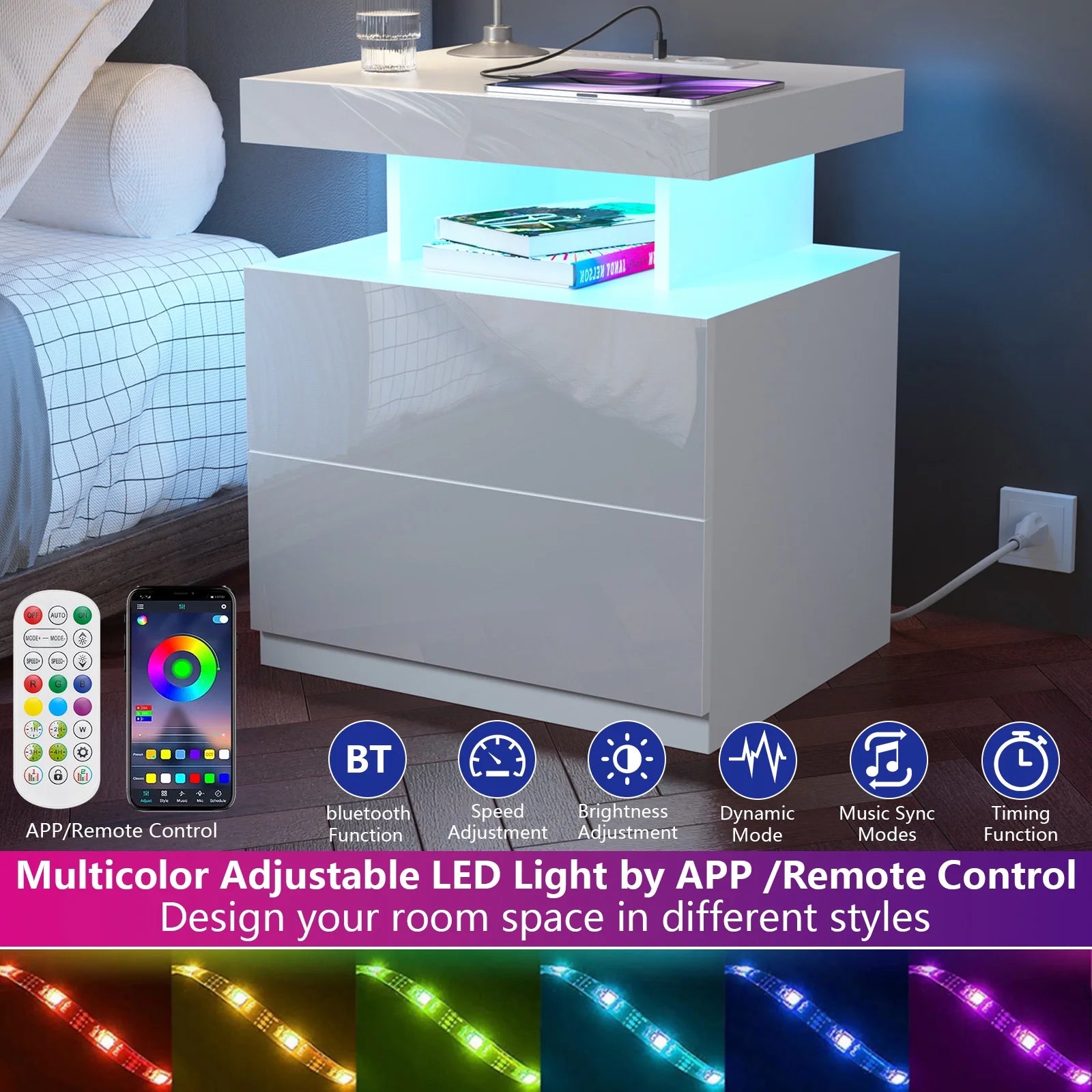 LED Nightstand with Wireless Charging Station Modern Nightstand Type C USB Port 2 Drawers Bedside Table White Smart Night Table High Gloss End Side Table for Bedroom Furniture 22.3" Tall