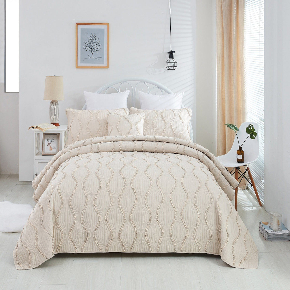 Ivory Boho Ruffle Quilted Bedspread Set | Cotton French Country Bedding