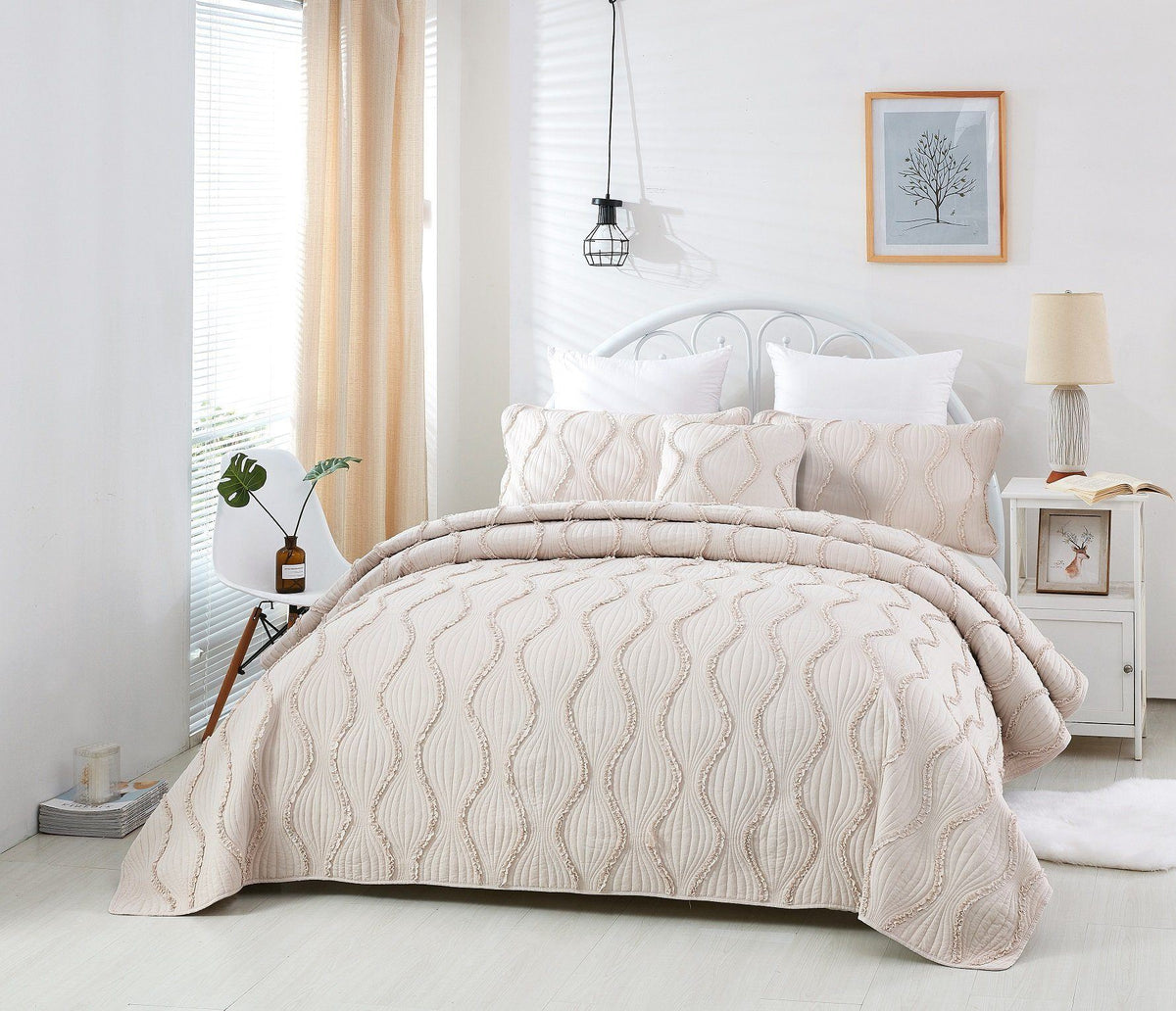 Ivory Boho Ruffle Quilted Bedspread Set | Cotton French Country Bedding