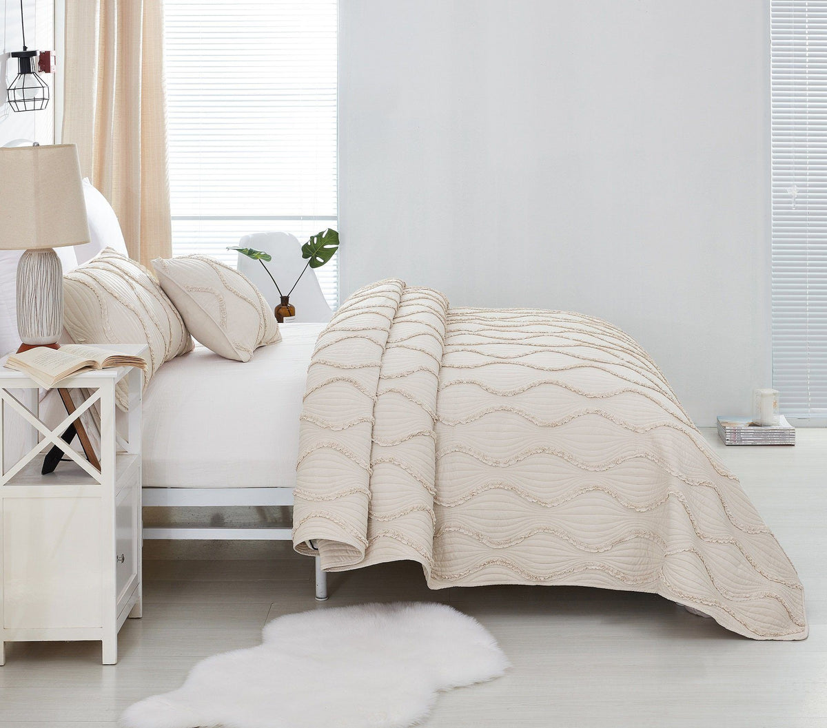 Ivory Boho Ruffle Quilted Bedspread Set | Cotton French Country Bedding